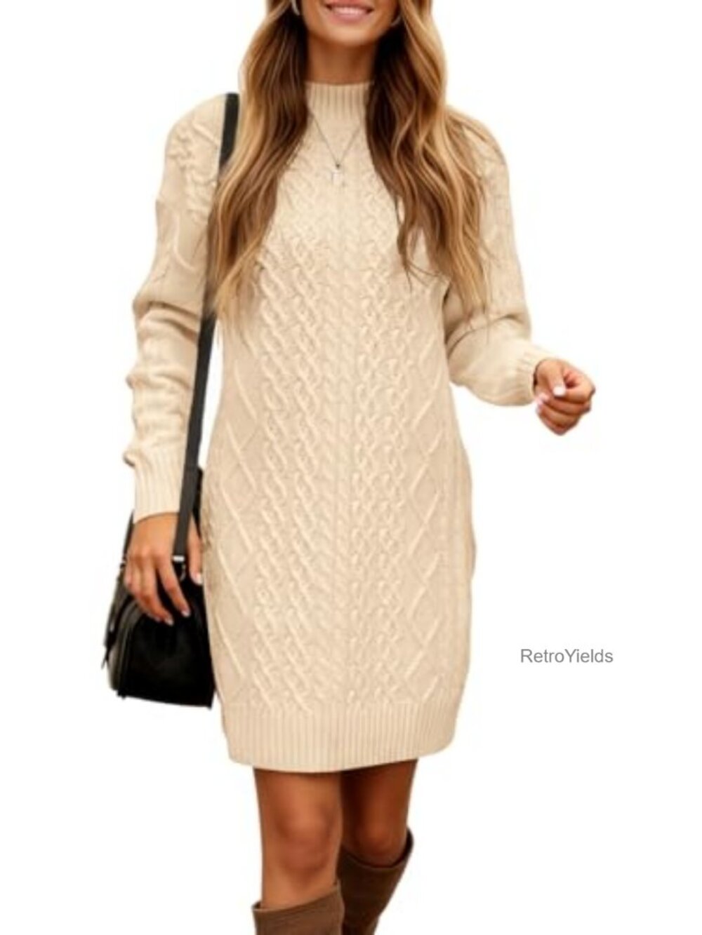 Cable Knit Mini Sweater Dress Mock Neck Turtleneck Slim Fit Long Sleeve